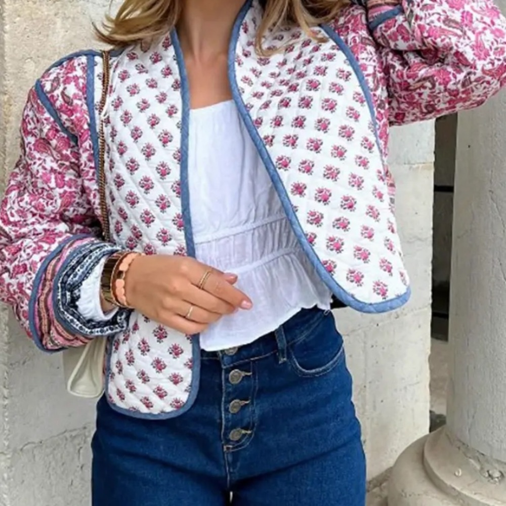 Pink and White Floral Bomber Jacket with Quilted Design